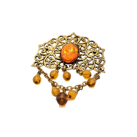 Cabochon Amber Brooch Pin Antiqued Gold Jelly Beaded Chain Dangle Vintage Bin5A - Picture 2 of 12